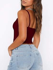 Vaiaye 女士时尚内衣风上衣，春夏圆领修身休闲度假性感吊带背心，无袖吊带T恤，适合日常穿着、工作通勤。 - 玫紅色 - 查看 2