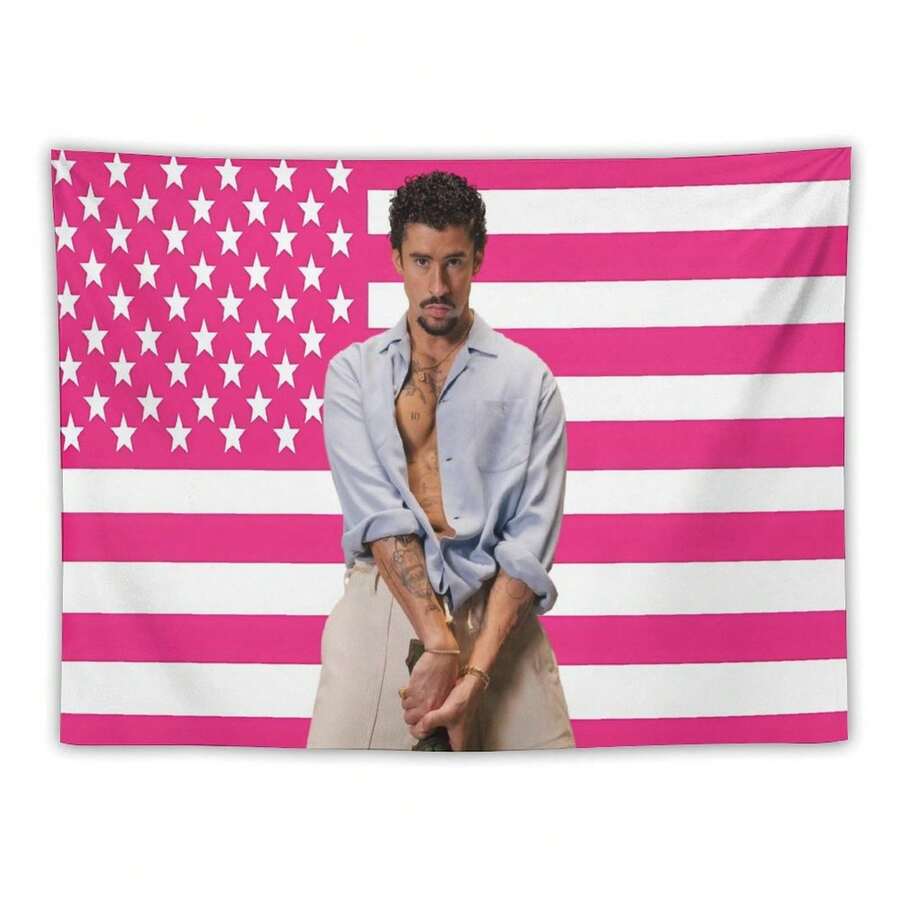 1PC Singer Bad Music Bunny Printed American Flag Decorative Tapestry, Patriotic Star Spangled Banner Design, Album Tapestry, Suitable For Horizontal Wall Hanging In Bedrooms, Dormitories, And Living Rooms, Easy To Hang, Perfect Valentine's Day Gift - 1PC - Xem 1
