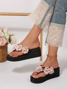 春夏EVA度假风波西米亚坡跟拖鞋，中国风花卉女士凉鞋 - 黑色 - 查看 3
