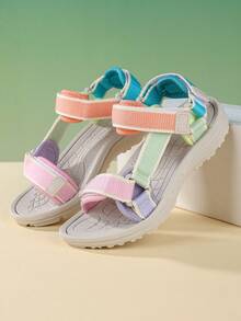 1 par de sandalias planas de color simple con diseño de cierre de gancho y bucle tejido, cómodas y frescas, unisex, adecuadas para usar en verano - Rosa - Ver 3