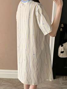 波点圆领女士睡裙，卡通字母印花条纹睡衣 - 杏色 - 查看 3