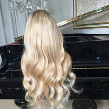 2026新款时尚蕾丝假发，女士铂金色，带灰棕色发根，自然发际线，合成纤维，蓬松深波浪蕾丝前假发，13x4预拔毛，无胶，适合角色扮演、派对、日常佩戴，女士、女孩、女性，顶级假发 - 彩色 - 查看 4