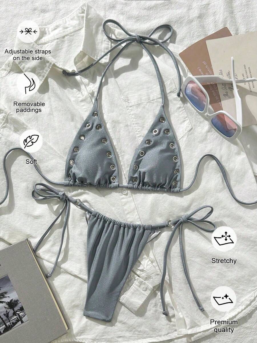 Bộ bikini tam giác gợi cảm thời trang xuân/hè mới dành cho nữ, gồm 2 mảnh, có đệm mút tháo rời, chi tiết khoét lỗ bằng kim loại, vải bóng, dây buộc cổ, thích hợp cho kỳ nghỉ hè đi biển. - Màu Xám nhạt - Xem 1
