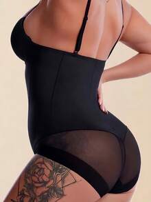 一件装加大码女士塑身衣，女士连体衣，加大码紧身胸衣带罩杯，三排搭扣设计方便如厕，时尚性感网纱紧身衣，凸显身材曲线，收腰提臀，塑造胸型，可外穿，多功能塑身衣，舒适贴身塑形内衣，轻盈弹力面料，保持女性优美身形 - 黑色 - 查看 6