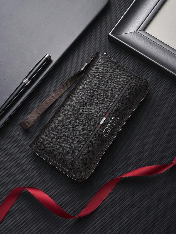 SHABILI 1pc Plain Color PU Leather Large Capacity Zipper Wallet, Business Clutch Bag, Suitable For Men, Commuting And Daily Use