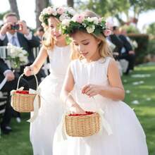 1pc Handwoven Rattan Flower Girl Basket, With Pearl Handle And Bow Decor, Suitable For Baby Shower Flower Girl Use - Apricot - View 6