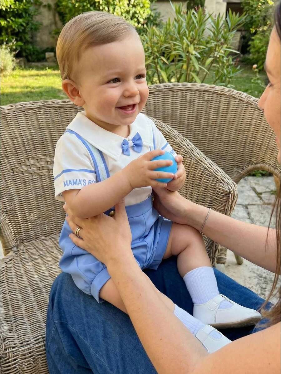 2Pcs Mamas Boy Baby Clothes Summer Outfits Short Sleeve Bowtie Romper And Suspender Shorts Set Mother's Day Valentines Gentleman Outfit - Blue - View 1