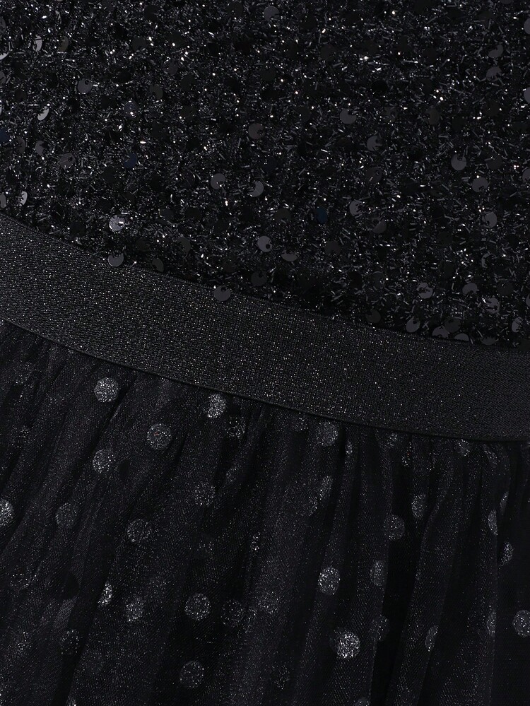 Summer Girls' Fashionable & Elegant Sequins Embellished Mesh Patchwork Dress - Black - View 5