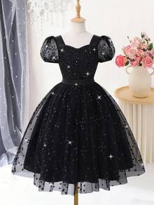 Summer Girls' Fashionable & Elegant Sequins Embellished Mesh Patchwork Dress - Black - View 1