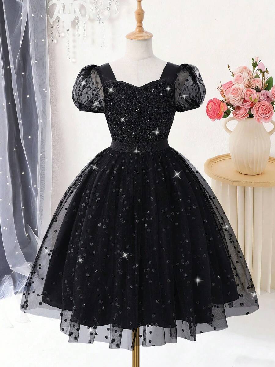 Summer Girls' Fashionable & Elegant Sequins Embellished Mesh Patchwork Dress - Black - View 1