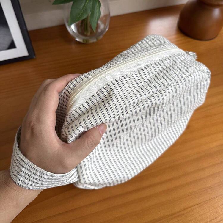 条纹印花化妆包 大容量化妆包 时尚简约多功能化妆包 旅行必备收纳包 便携式旅行化妆包 带提手 小号口红包 拉链零钱包 实用眼影收纳包 - 彩色 - 查看 2