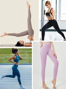 High-Waisted Yoga Pants With Pockets, Featuring A Solid Color, Soft Fabric, Excellent Elasticity, Medium Support, And A High-Waisted Design That Lifts And Shapes The Buttocks. Suitable For Running, Fitness, And Casual Wear. - 淡紫色 - 查看 5
