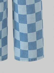 Tween GirlsCheckered Print Loose Straight Leg Jeans, Casual Pants, Spring/Summer - Blue - View 9