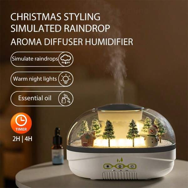 1pc USB Powered Simulated Raindrop Aroma Diffuser, Christmas-Themed Miniature Landscape Design, Warm Light Ambiance, 2 Timing Settings, Can Add Essential Oils, Compact Humidifier For Home & Office Use (Essential Oils Not Included)