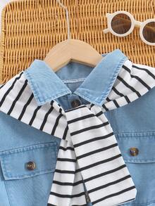 两件套女童夏季套装，时尚休闲日常穿着，蓝色牛仔连体裤和黑白条纹披肩套装 - 藍色 - 查看 2