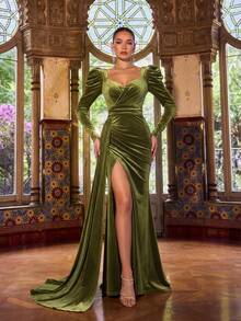 Faeriesty 女士优雅甜心领高开衩泡泡袖连衣裙，泡泡袖设计，正式修身晚礼服，适合盛大舞会、黑领结晚宴、婚礼、红毯活动和宫廷主题派对。春季派对 - 橄欖綠 - 查看 4