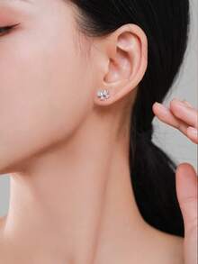 1 Pair 925 Sterling Silver Cute Romantic Dazzling Zirconia Bowknot Earrings For Women Wedding Engagement Jewelry - Silver - View 2