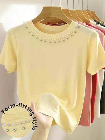 Plus Size Minimalana Women's Fashionable Casual Multi-Purpose Fitted Short Sleeve Rhinestone Knit Sweater, Stylish Design Casual T-Shirt For Women, Summer Brunch