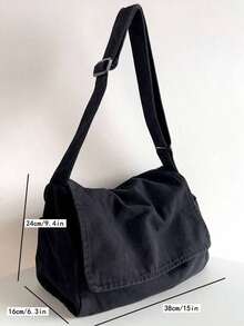 Vintage Minimalist Versatile Flap Shoulder Bag, Thick Washed Canvas Bag, Casual Versatile Large Capacity American Messenger Bag, College Style Japanese University Student Schoolbag, Short Trip Travel Bag, Simple Street Cloth Bag, Black Crossbody Bag , Old Money - 黑色 - 查看 4