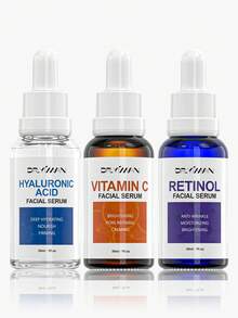 3件套抗衰老面部精华液套装，包含玻尿酸、视黄醇和维生素C精华液，有效抚平皱纹，滋润干燥肌肤，减少细纹。 - 白色 - 查看 1