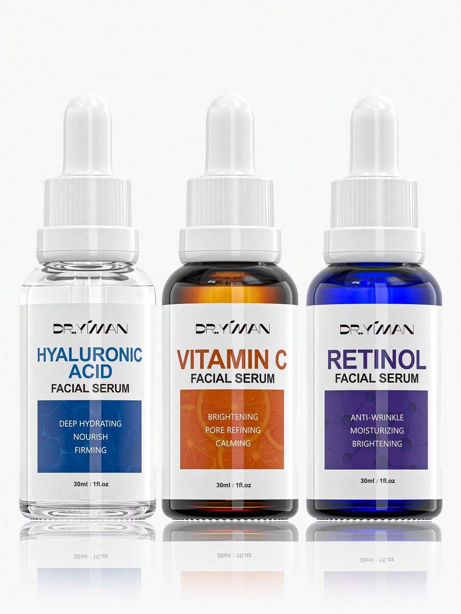3件套抗衰老面部精华液套装，包含玻尿酸、视黄醇和维生素C精华液，有效抚平皱纹，滋润干燥肌肤，减少细纹。 - 白色 - 查看 1