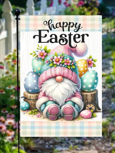 36x47cm Easter Theme Garden Flag, Featuring Pastel Colors, Easter Eggs, Floral Elements, Plaid Border And "Happy Easter" Text, Sweet And Cute Style, Suitable For Outdoor Decoration In Yard, Porch Etc., Note: Stitching Color Is Random