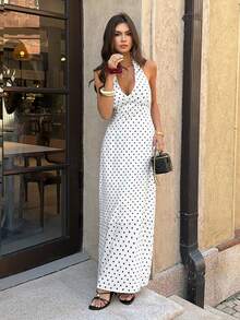 Unadoll Women's Summer Low Cut, Long Tie Neck, Backless, Zipper, Polka Dot Fabric Sexy And Elegant Dress, Suitable For Dates, Vacations, Parties, Dinners, Valentine's Day, Birthdays And Other Occasions - White - View 6