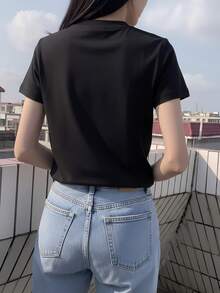 Short Sleeve T-Shirt, Solid Color, New Summer Style, Slim Fit, Versatile, Round Neck Top Casual Black - Black - View 2