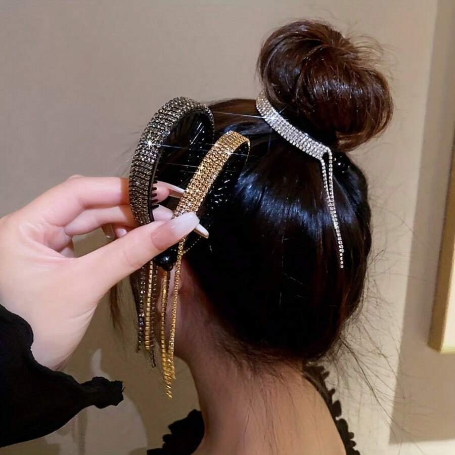 1pc Rhinestone Hair Hoop, Bun Maker With Tassel, Elegant Hair Claw Clip, Non-Damaging Hair Accessory - Multicolor - View 1