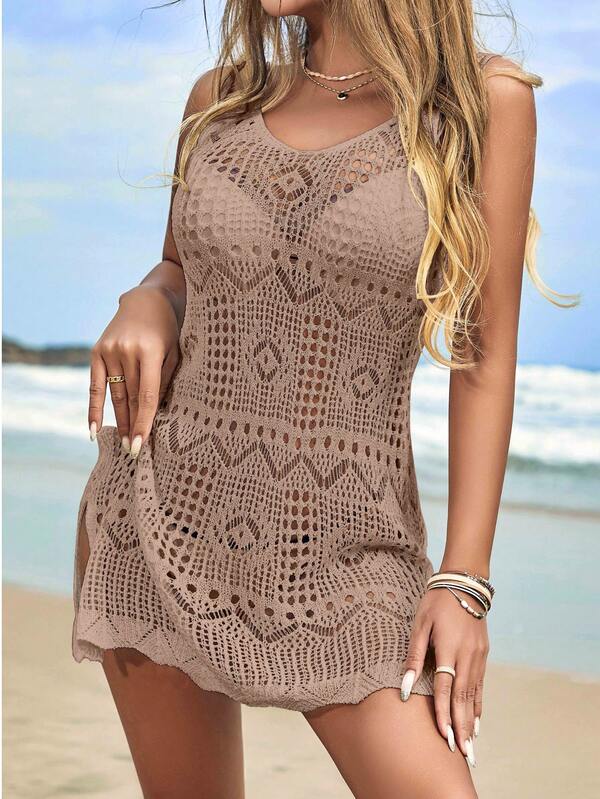 NZZOF Solid Color Sexy Knitted Side Slit Dress, Beach Vacation Date Wear, Spring/Summer Crochet Hollow Out Cover Up (Bikini Not Included)