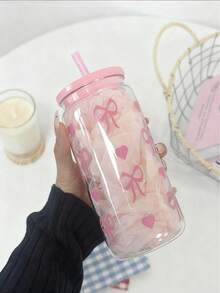 Reusable Bow Print Glass Cup With Lid & Straw - Leak-Proof Transparent Beverage Cup Suitable For Iced Coffee, Bubble Tea - Multicolor - View 3