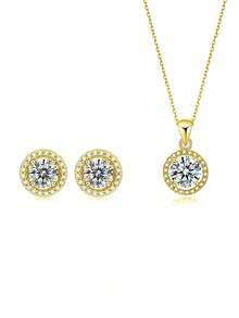 3pcs Elegant Luxury 925 Silver Moissanite 0.5ct Stud Earrings & 0.5ct Necklace Set, Suitable For Women's Daily Wear, Party, Commute, Jewelry Gift - Yellow Gold - View 2