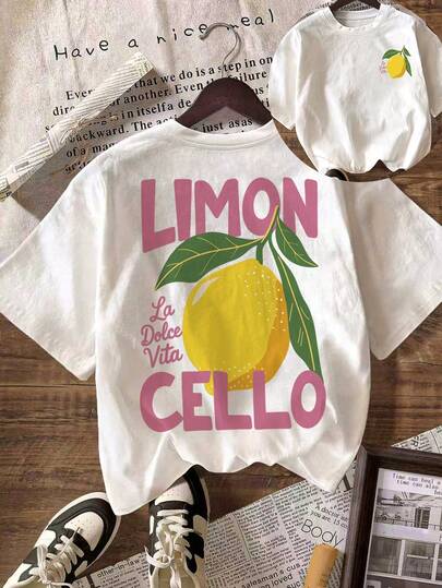 LIMON CELLO 柠檬图案T恤，女士休闲圆领短袖简约T恤，夏季度假沙滩装