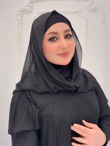 1件装女士二合一速成头巾，雪纺围巾组合，头巾，柔软透气材质，适合日常佩戴 - 黑色 - 查看 4