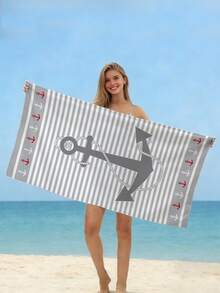 1条时尚简约灰色条纹沙滩巾，印有锚和海洋元素图案，超柔软速干超细纤维材质，适合旅行、露营、游泳池、瑜伽、健身、淋浴，是海滩游泳必备品，也是海滩度假的必备礼物（单面印花，多种颜色可选）。 - 灰色條紋 - 查看 3