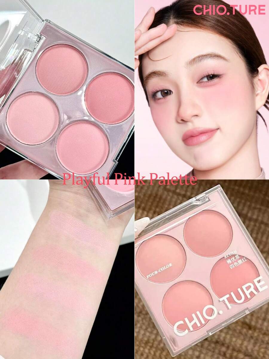 CHIOTURE Palet Perona Pipi 4 Warna, Perona Pipi, Highlighter, dan Kontur, Mencerahkan Wajah Secara Alami, Menyorot dan Memberi Bayangan, Serbaguna untuk Riasan Ringan Sehari-hari - Palet Warna Merah Muda yang Ceria - View 1
