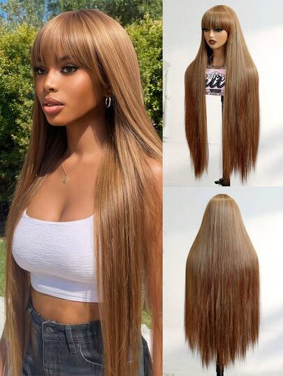 [Customer Favorite] 36Incn Extra Long Straight Wigs Chic Ombre Honey Brown Wig With Air Bangs - High-Density, Heat Resistant Synthetic Hair For Women Beginner Friendly, Perfect For Daily Wear & Parties, Ombre Honey Brown Wig, Air Bangs, Heat Resistant, Synthetic Wig