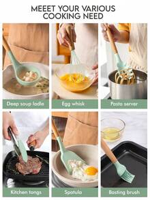 Meoky 12pcs Wooden Handle Silicone Kitchen Utensil Set, Heat Resistant Non-Stick Cooking & Baking Tools, Suitable For Kitchen - Green - Regular - View 4