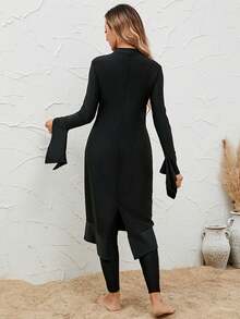 VFJ Dignified Women's Black Round Neck Full Coverage Burkini Swimwear, Long Sleeves, High Waist Leggings, Arabic Swimwear - Black - View 4