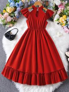 Girls' Fashionable Elegant Off-Shoulder Round Neck Ruffle Hem Mid-Length Dress - Red - View 5