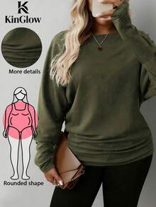 KINGLOW Blusa de manga larga de unicolor y estilo minimalista para mujer de talla grande, prenda de vestir casual de uso diario para otoño, blusa verde para primavera - Verde militar - Ver 2