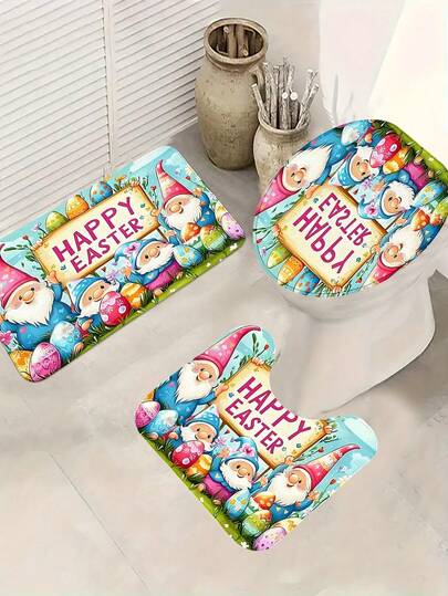 1/3pcs Easter Gnome Pattern Bathroom Set, Faux Wool Toilet Mat Multipiece Set, Thick Soft Anti-Slip Bathroom Rug Carpet, Including Bath Mat, U-Shaped Mat, Toilet Lid Cover, Machine Washable, Suitable For Bathroom, Toilet, Living Room, Home Decor, Holiday