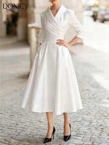 DONICY Đầm sơ mi dài tay cổ chéo sang trọng, ôm dáng dành cho nữ mùa thu/đông, chất liệu satin cao cấp, thích hợp cho hẹn hò, tiệc tùng, sự kiện kinh doanh và đi làm. - trắng - Xem 7