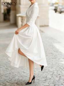 DONICY Đầm sơ mi dài tay cổ chéo sang trọng, ôm dáng dành cho nữ mùa thu/đông, chất liệu satin cao cấp, thích hợp cho hẹn hò, tiệc tùng, sự kiện kinh doanh và đi làm. - trắng - Xem 8