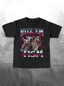 Graphic Tees Women Manfinity Dauomo Amazing Lightning Raccoon Print Funny Meme Men's Standard T-Shirt Men's Summer Casual 180g Pure Cotton T-Shirt Patterned Printed Short Sleeved Top T-Shirt - Black - View 1