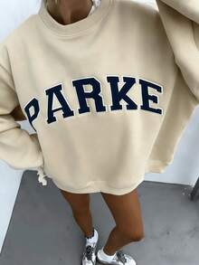 Autumn/Fall And Winter Bestseller 1 Pcs2026 Unisex Casual "PARKE" Letter Print Loose Pullover Sweatshirt, Encountering Lazy Fashion.Casual Daily Wear,Winter Clothes For Women,Clothes,Hoodie,Tops,Spring Break,Long Sleeve Tops Women - Apricot - View 7