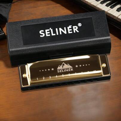 Selinger Blues Harmonica, 10 Hole Full Scale C Key Harmonica, Beginner Metal Gift