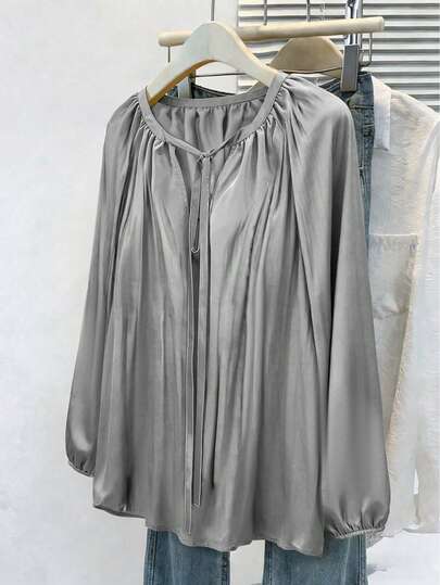 Plus Size Elegant V-Neck Long Sleeve Top, Made Of Non-Stretchy Fabric, Knotted Front Design, Regular Hem