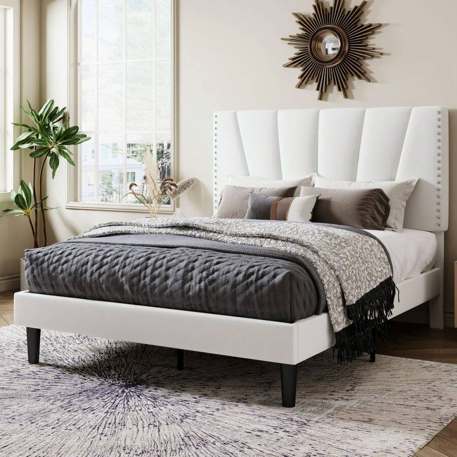 Allewie Full/Queen/King Size Bed Frame With Adjustable Velvet Upholstered Headboard, Rivet-Style Nailhead Trim Detail Platform Bed Frame, Wooden Slat Support, No Box Spring Needed, Easy Assembly, White - trắng - Xem 1