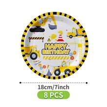 工程车主题生日快乐一次性餐盘、餐巾纸、杯子套装，包含餐盘、餐巾纸和杯子，适合8位客人使用，一次性纸盘，派对餐具，适用于生日、婚礼、主题派对、家庭野餐等场合。 - 彩色 - 查看 8